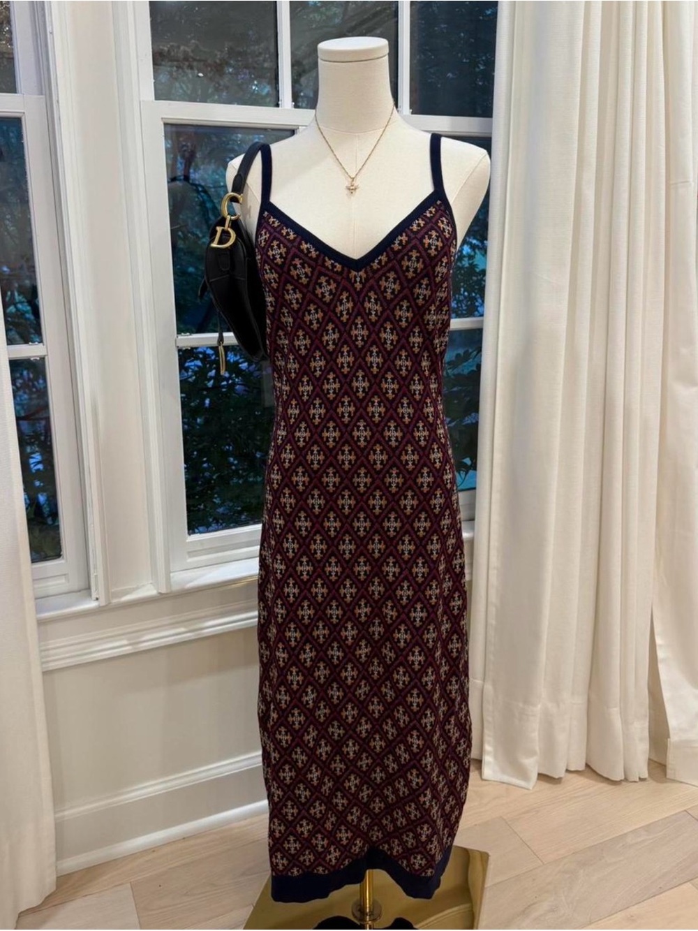 Temperley London Burgundy and Navy Geometric Knit Midi Dress